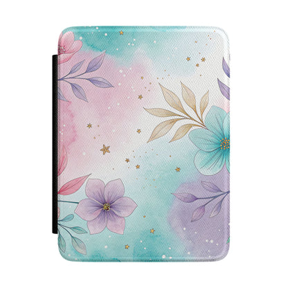 Pastel Floral Kindle Case — Watercolor Flowers & Gold Stars E-Reader Cover