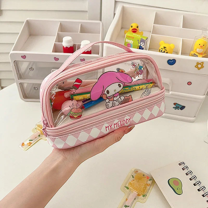Kawaii Cartoon Hellokitty Kuromi Large Capacity Transparent Double Layer Pencil Case Cartoon Cinnamoroll Stationery Pen Bag