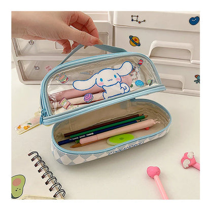 Kawaii Cartoon Hellokitty Kuromi Large Capacity Transparent Double Layer Pencil Case Cartoon Cinnamoroll Stationery Pen Bag