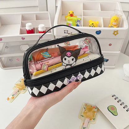 Kawaii Cartoon Hellokitty Kuromi Large Capacity Transparent Double Layer Pencil Case Cartoon Cinnamoroll Stationery Pen Bag