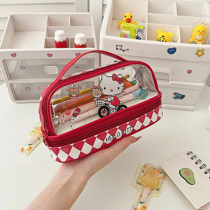 Kawaii Cartoon Hellokitty Kuromi Large Capacity Transparent Double Layer Pencil Case Cartoon Cinnamoroll Stationery Pen Bag